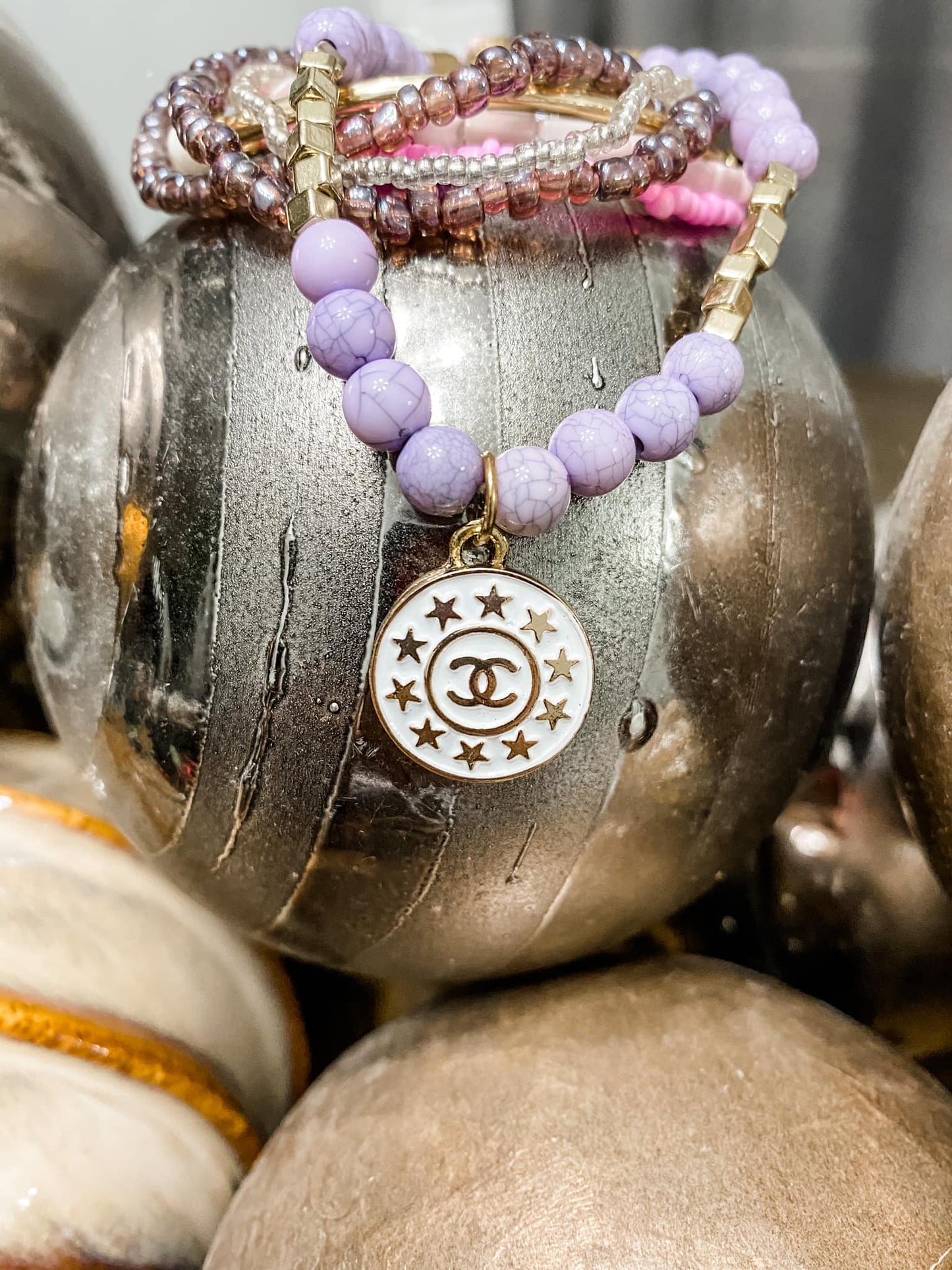 Stack Bead Bracelet with Chanel Button Charm