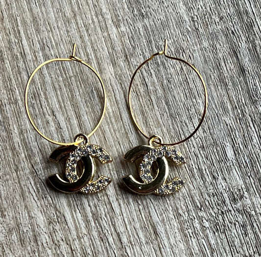 Gold and Crystal Double C hoop Earrings