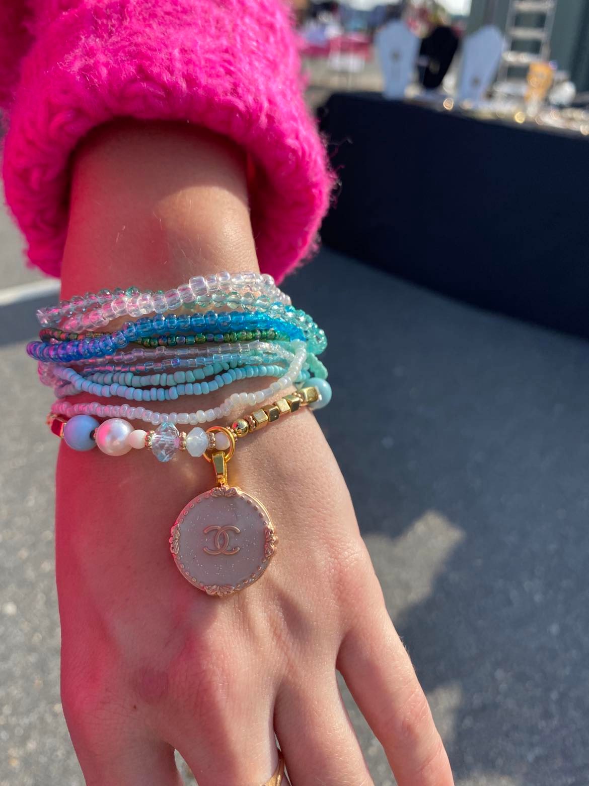 Beaded Stack Bracelet with Chanel Button