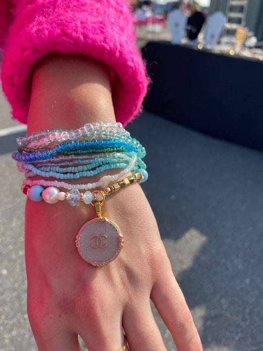 Beaded Stack  Bracelet with Chanel Button