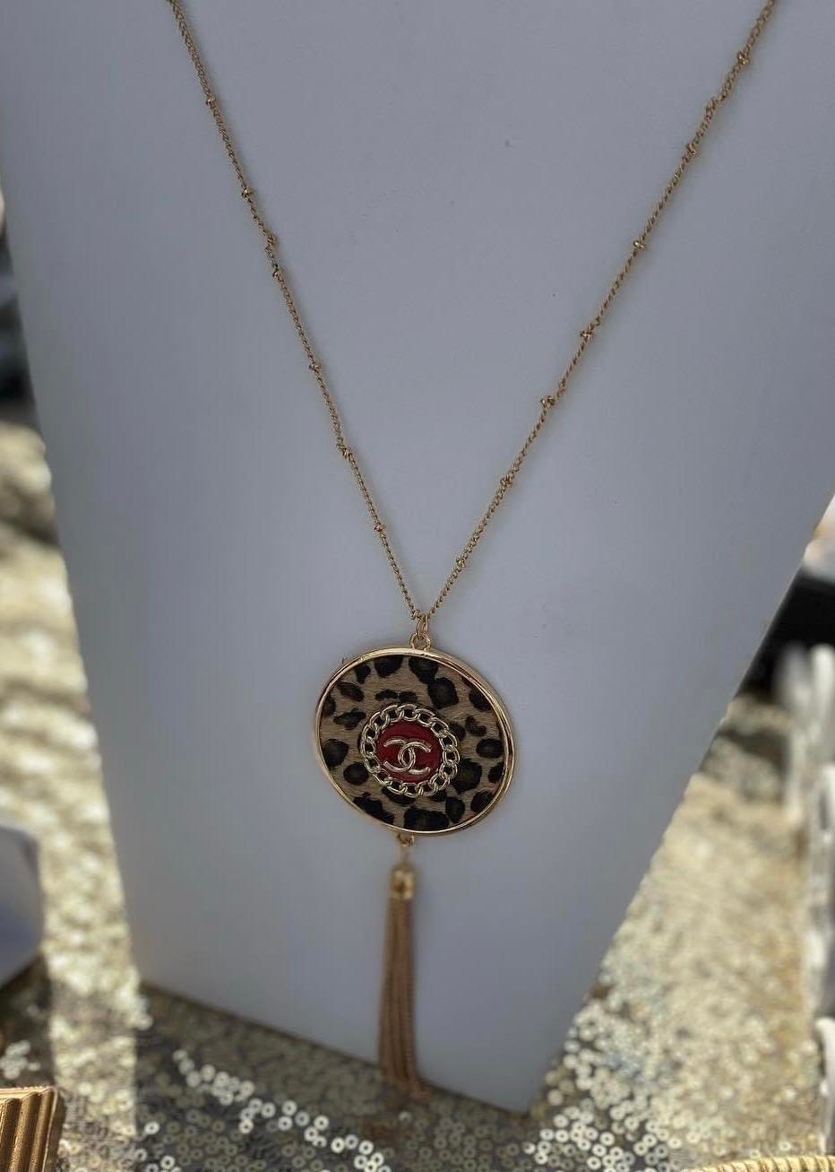 Leopard Disk Pendant with authentic Chanel button