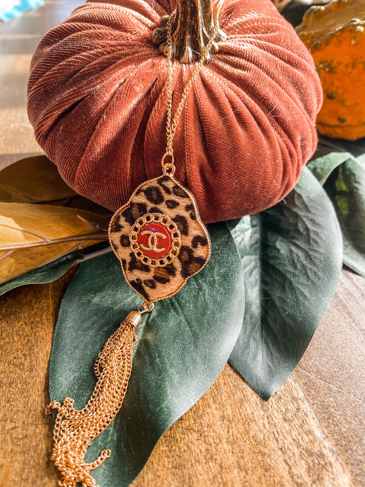 Leopard Disk Pendant with authentic Chanel button