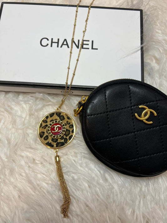 Leopard Disc Pendant Necklace with Authentic Chanel Button