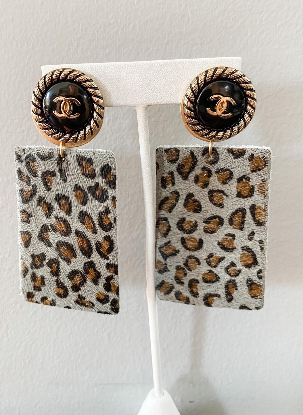 Leather Animal Print Earrings with Chanel Button