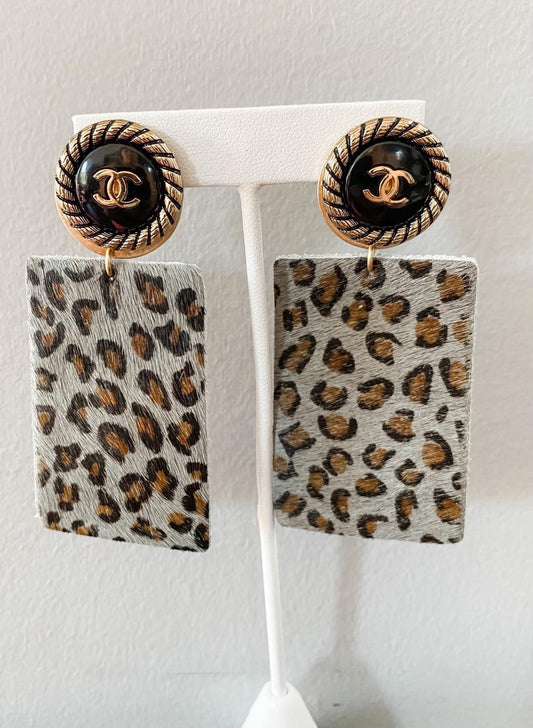 Leather Animal Print Earrings with Chanel Button