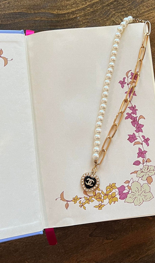 Classics - Pearl and Paperclip chain necklace with classic Black Chanel Heart Pendant