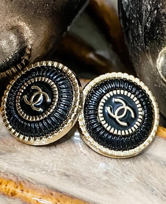 Classics- Elegant Black and Gold Chanel button earrings