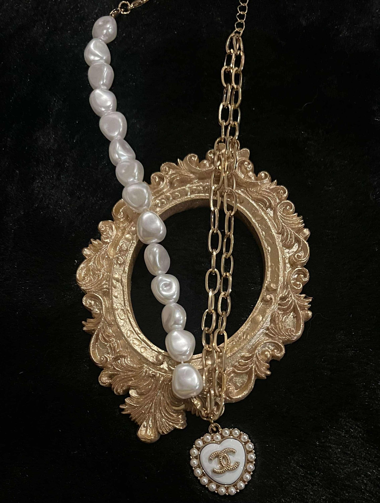 Pearl and Paperclip Chanel Heart Necklace