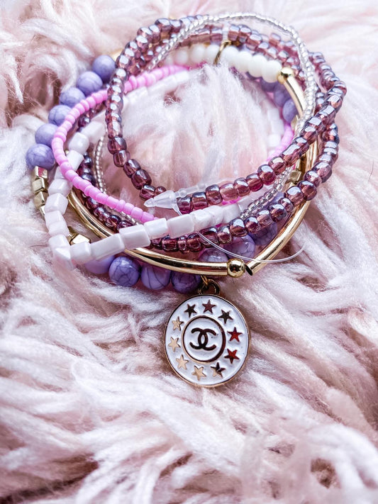 Stack Bead Bracelet with Chanel Button Charm